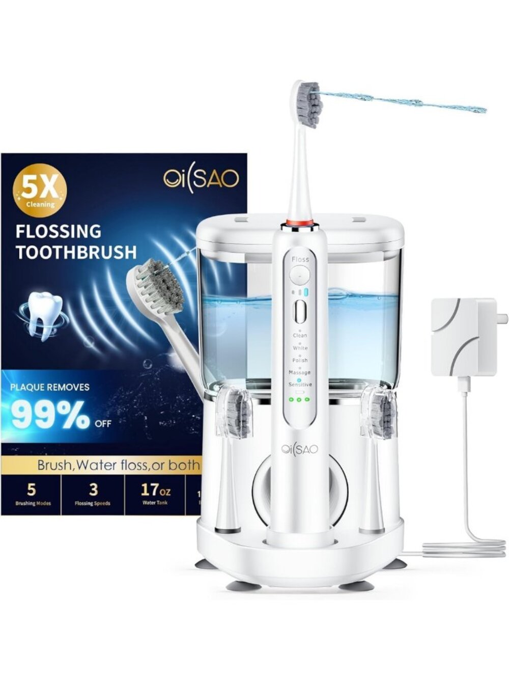 Electric Toothbrush & Water Flosser Combo, 3 Brush Heads + Jet Tip for Oral Care